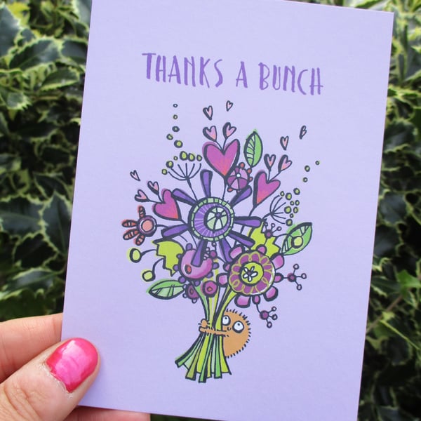 A6 “Thanks a Bunch” Thank You Postcard with cute monster and flowers