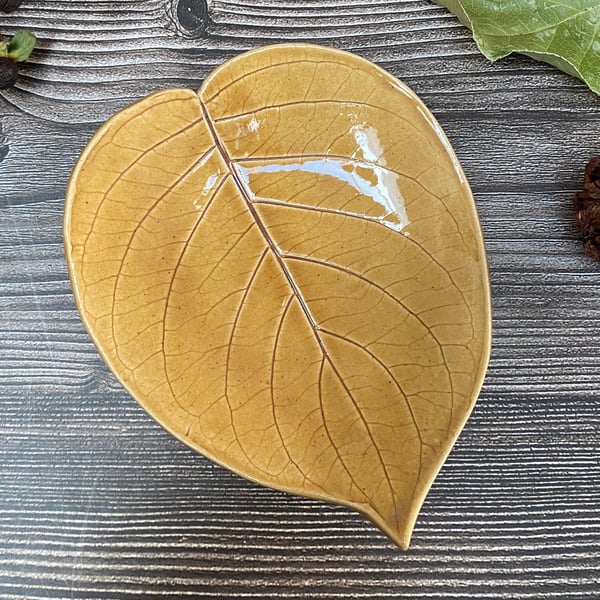 Handmade Amber Ceramic Leaf Trinket Ring Dish
