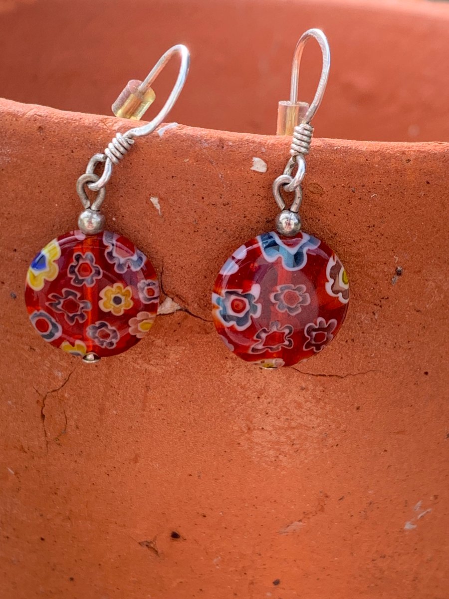 Red Flower glass bead on sterling silver hooks