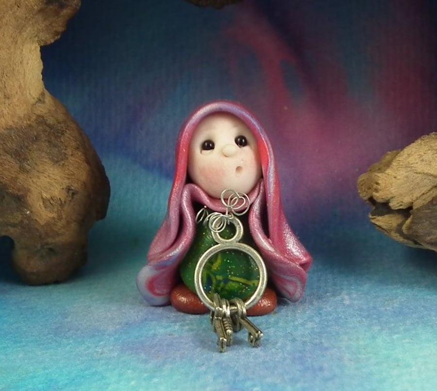 Spring Sale ... Keykeeper Gnome 'Jen' with bunch of keys OOAK Sculpt Ann Galvin