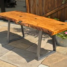 Handmade English Oak live edge dining table with brushed steel legs