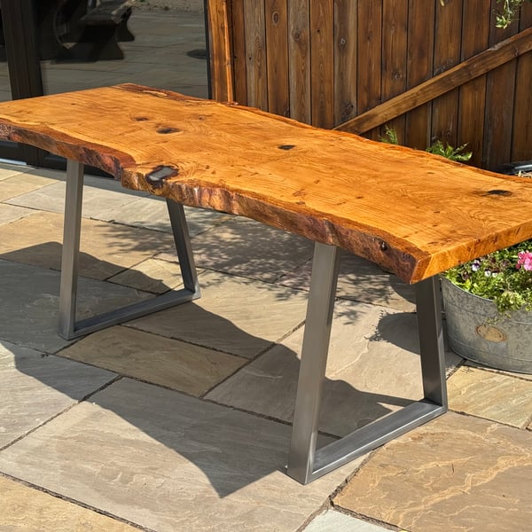 Handmade English Oak live edge dining table with brushed steel legs