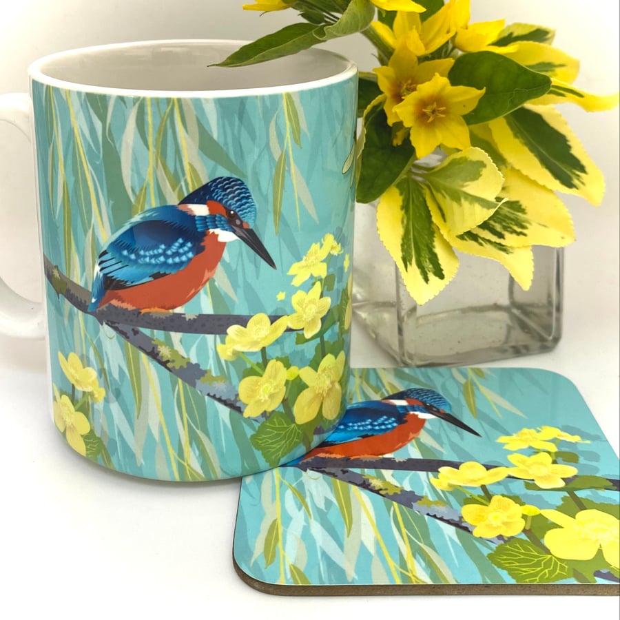 Kingfisher with Marsh Marigolds Ceramic Mug - matching Coaster option