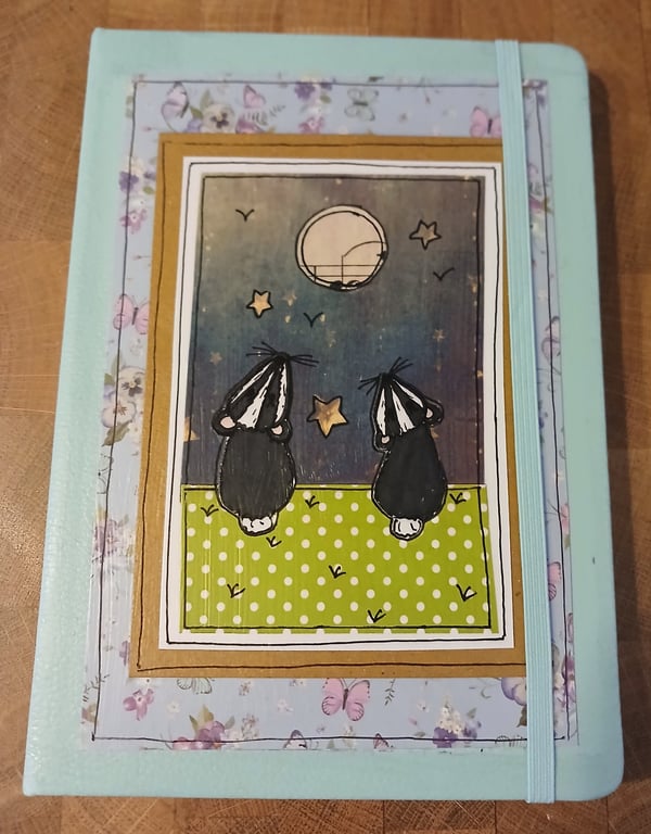 Quirky art, moongazer A5 lined hand decorated quirky badgers journal ,notebook
