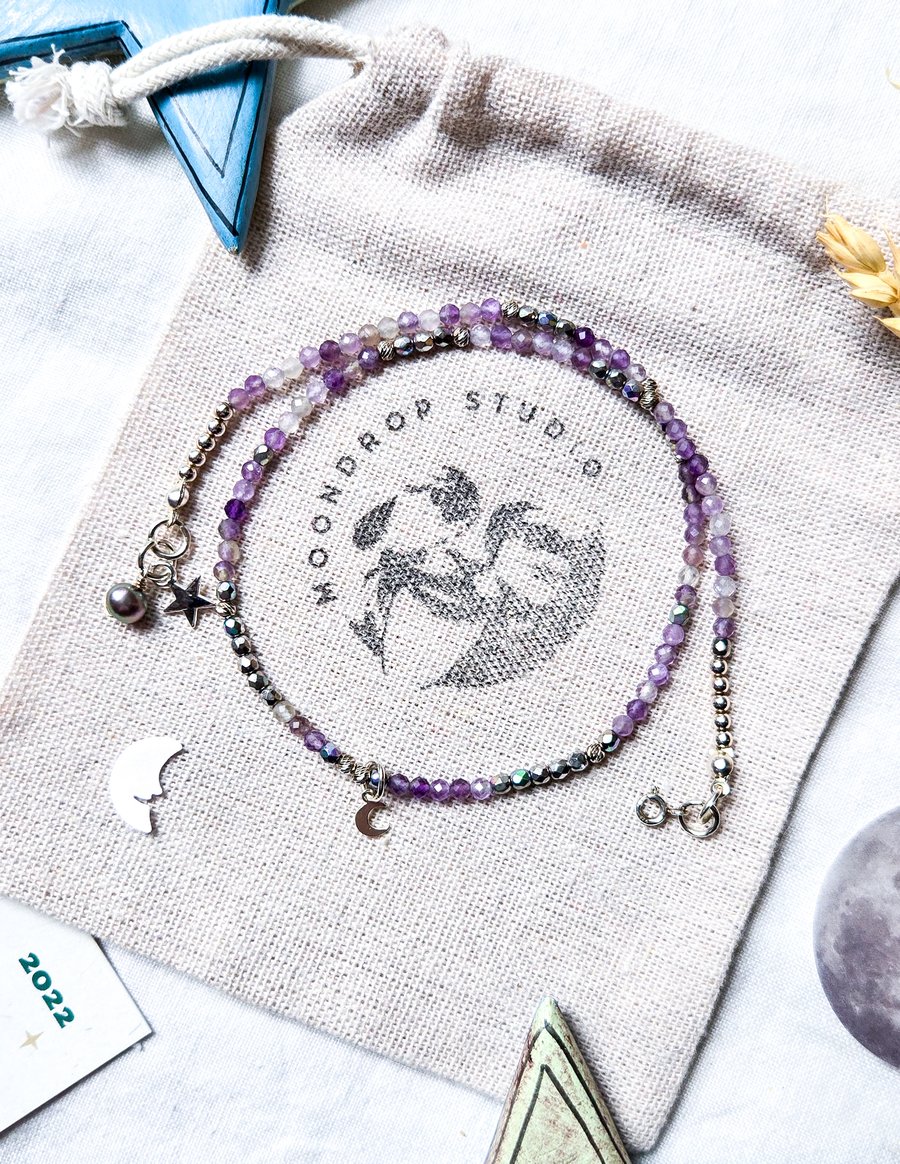 Pearl Necklace - Purple Fluorite Gemstone Beaded Peacock Freshwater Pearl Choker