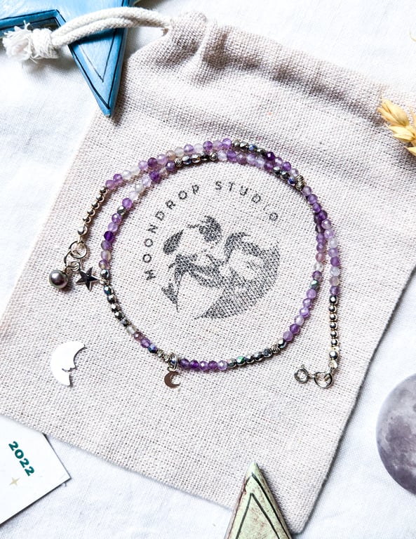 Pearl Necklace - Purple Fluorite Gemstone Beaded Peacock Freshwater Pearl Choker