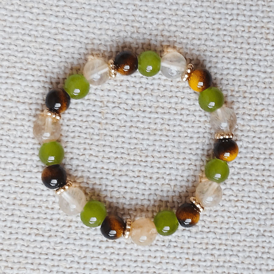 Ladies Brown Tiger's Eye, Citrine and Green Treasure Elastic Bead Bracelet