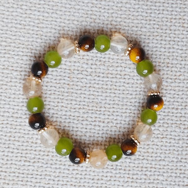 Ladies Brown Tiger's Eye, Citrine and Green Treasure Elastic Bead Bracelet