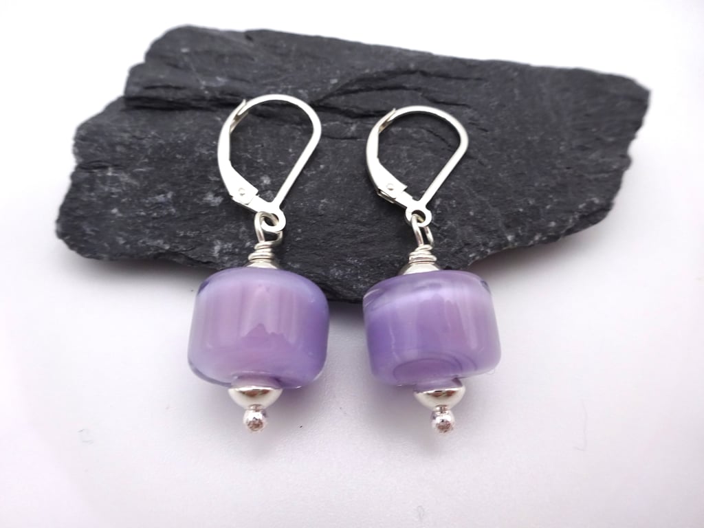 purple lampwork glass earrings, sterling silver lever back jewellery