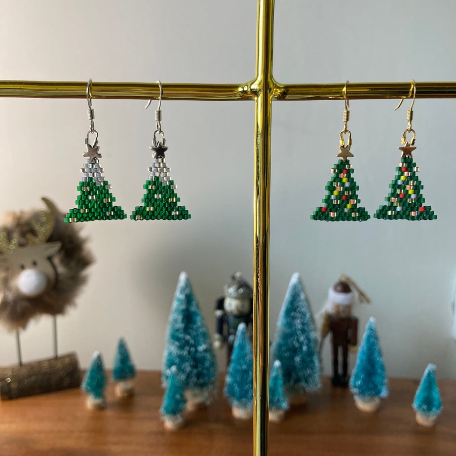 Christmas tree glass seed bead earrings