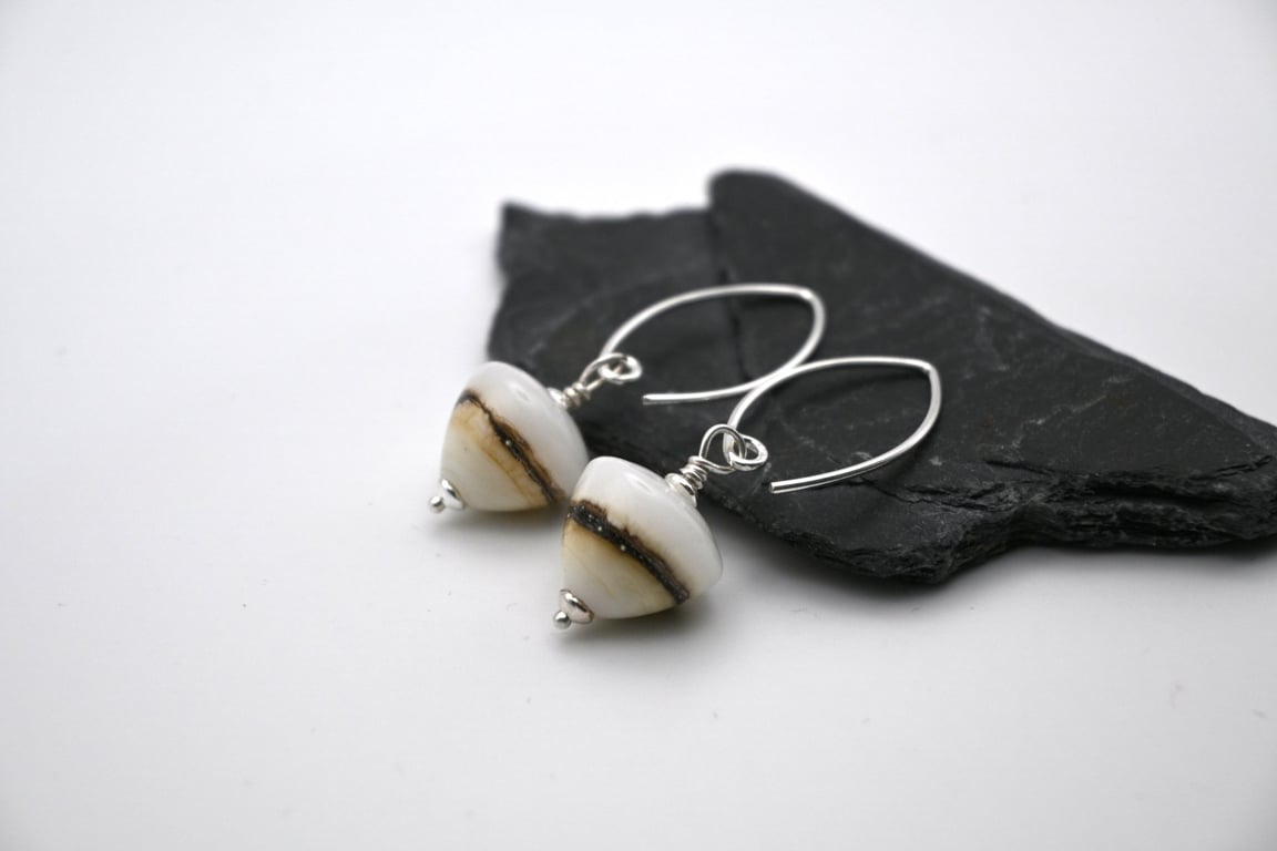 white and cream lampwork glass cone earrings