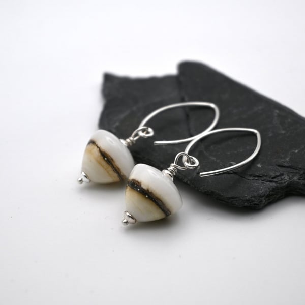 white and cream lampwork glass cone earrings
