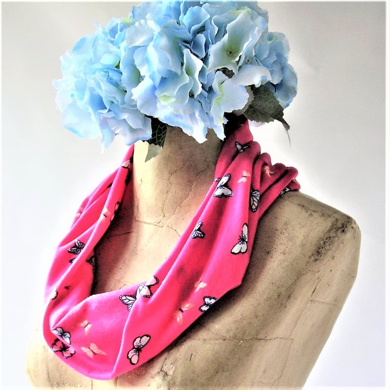 Pretty Pink soft cotton Jersey Infinity Scarf with pattern of little Butterflies