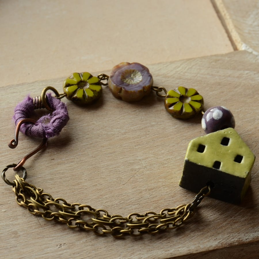 Ceramic Raku Green House Bead Bracelet with Purple and Green Czech Beads