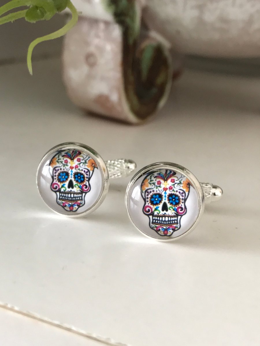 White Day of the Dead Sugar Skull cufflinks 