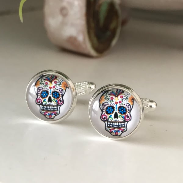 White Day of the Dead Sugar Skull cufflinks 