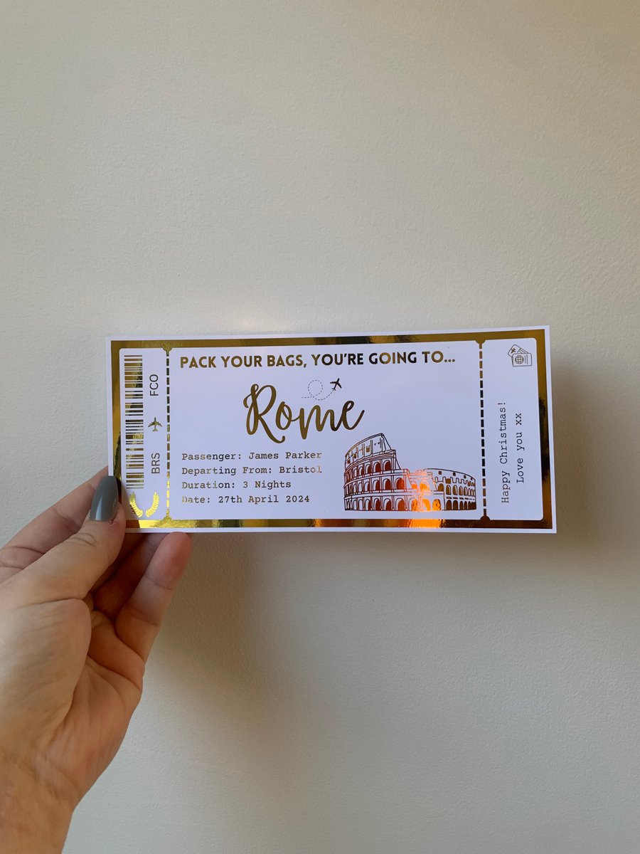 Rome Boarding Pass, Any Personalised Holiday Foil Gift Ticket Voucher