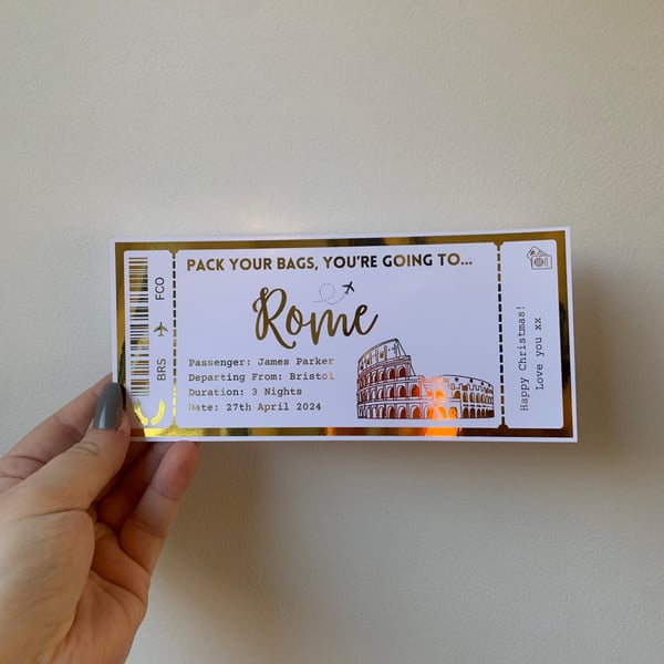 Rome Boarding Pass, Any Personalised Holiday Foil Gift Ticket Voucher