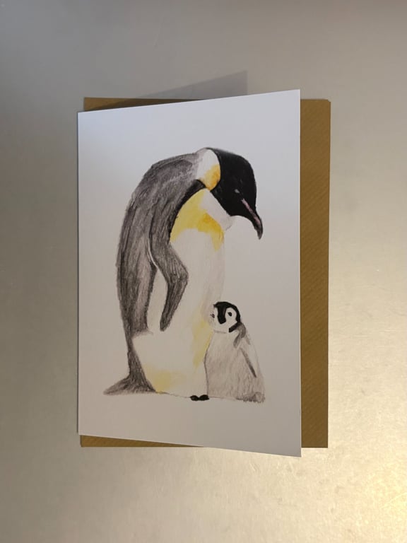 Emperor Penguin and Baby A5 Greeting Card