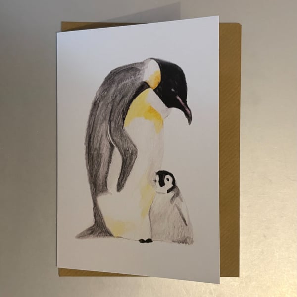 Emperor Penguin and Baby A5 Greeting Card