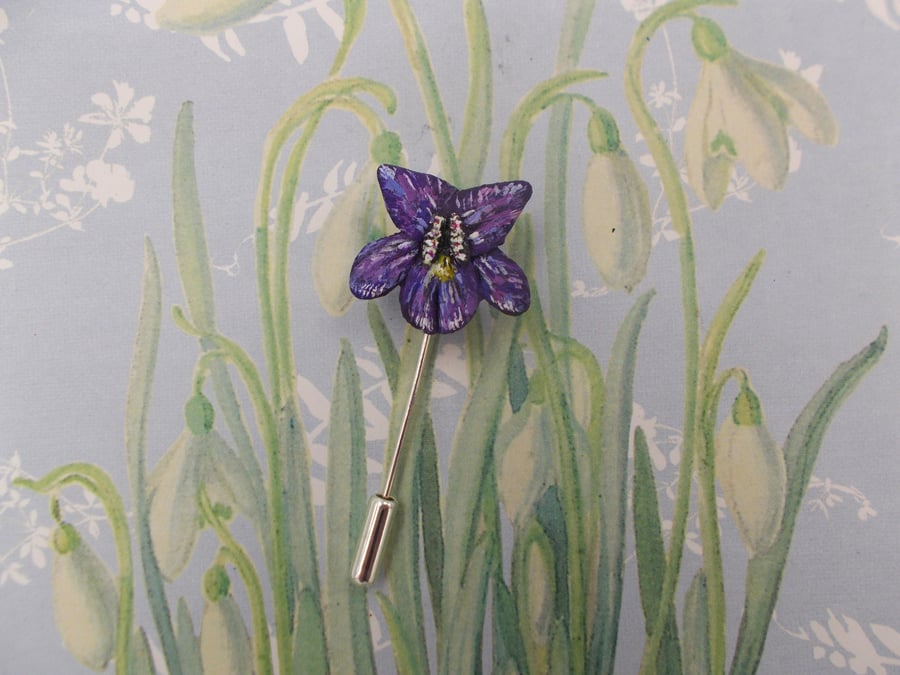 Handmade Violet Lapel Pin: Hand-Painted Violet Flower Corsage Brooch