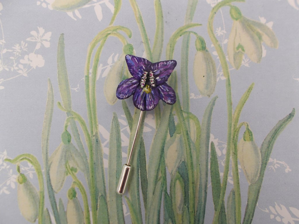 Handmade Violet Lapel Pin: Hand-Painted Violet Flower Corsage Brooch
