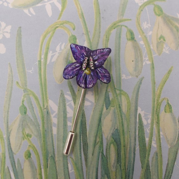 Handmade Violet Lapel Pin: Hand-Painted Violet Flower Corsage Brooch