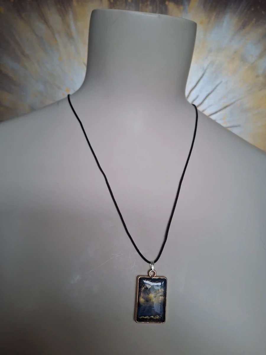 Blue and Gold Rectangle Shaped Hand Made Resin Crafted Pendant 
