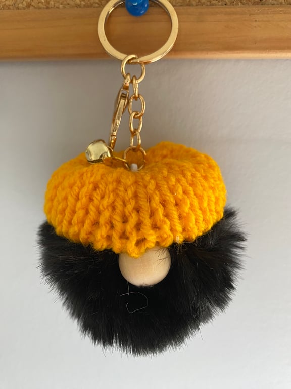 Black Faux Fur Pom-Pom Gonk Keyring with Yellow Hand Knitted Hat
