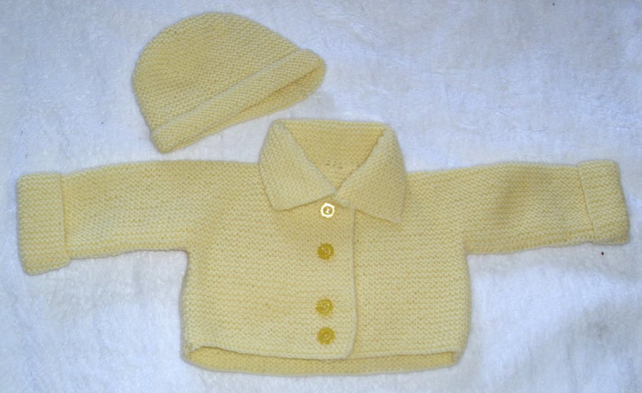 Hand Knitted Lemon yellow coat and hat for baby 0 to 3 months