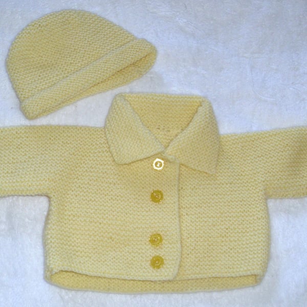 Hand Knitted Lemon yellow coat and hat for baby 0 to 3 months