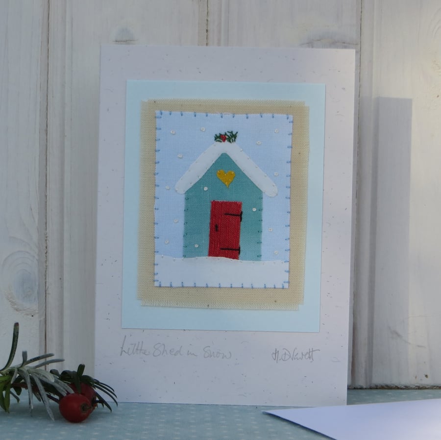 Little Shed in Snow, hand-stitched textile hand-dyed fabrics and fine embroidery