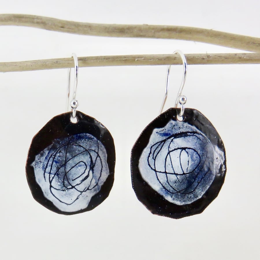 Round Hand Drawn Scribble Dangle Earrings in Black, White and Blue Enamel