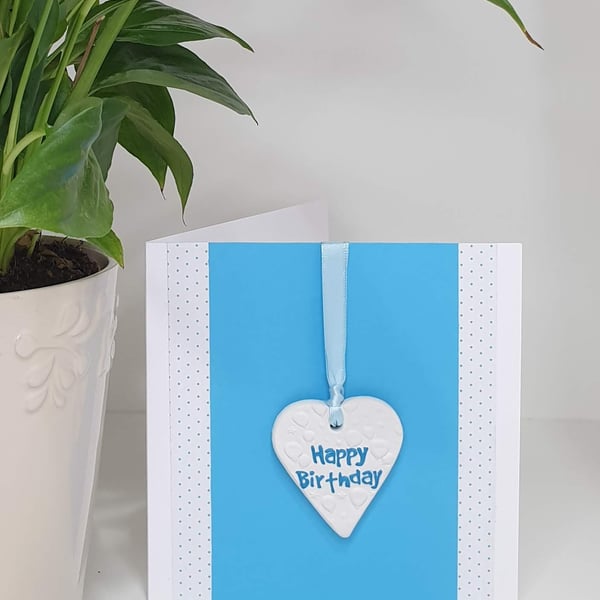 Handmade birthday card with detachable clay heart keepsake, happy birthday card