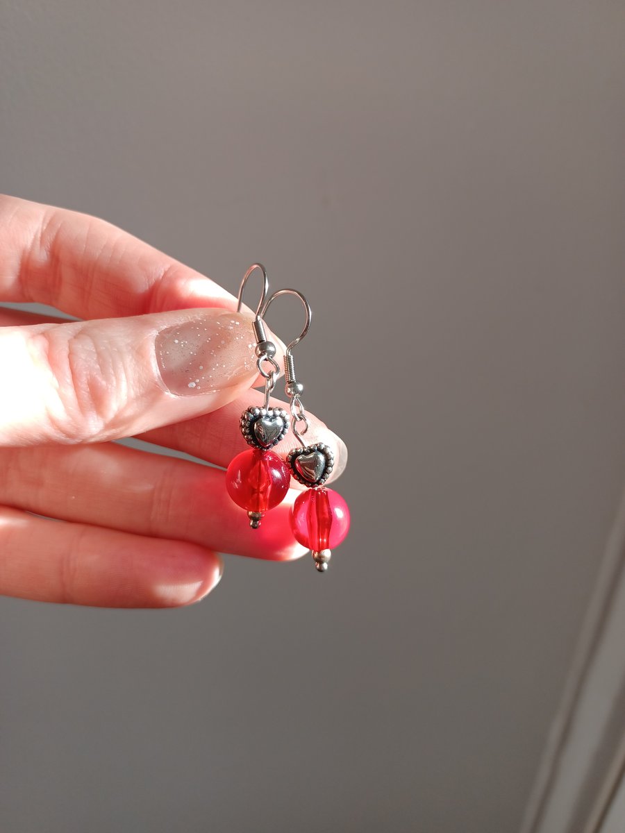 Scarlet red bead & silver heart bead drop earrings