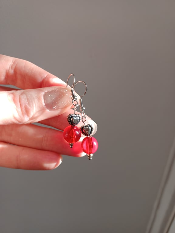 Scarlet red bead & silver heart bead drop earrings