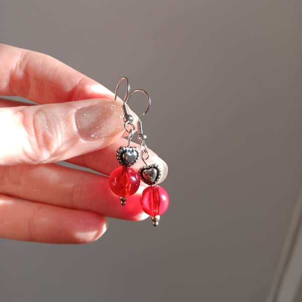 Scarlet red bead & silver heart bead drop earrings