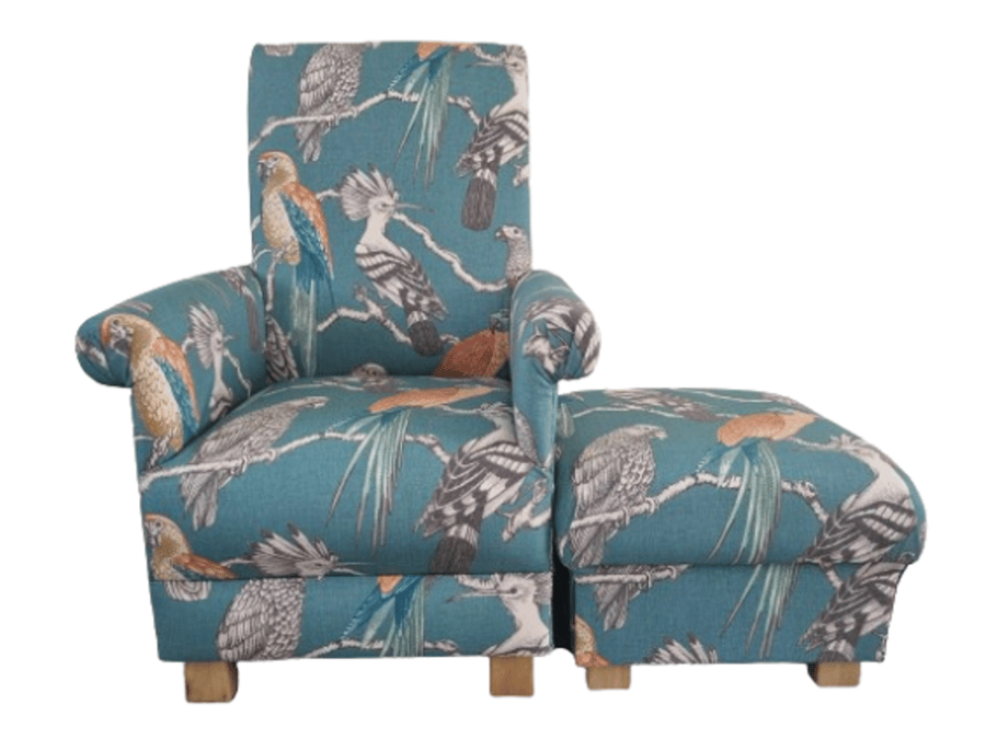 Teal Green Chair & Footstool Adult Armchair Aviary Lagoon Fabric Parrots Birds