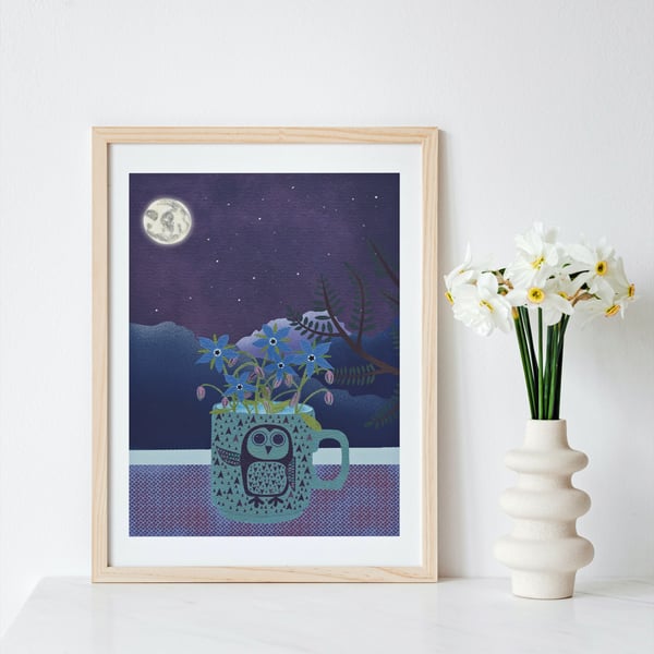 Art Print Owl and Flowers A4