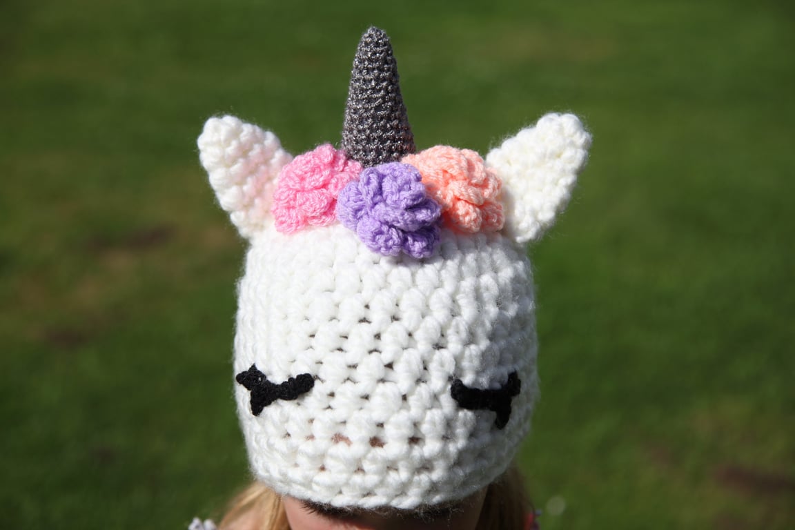 Unicorn novelty winter crochet hat, toddler, child, adult size
