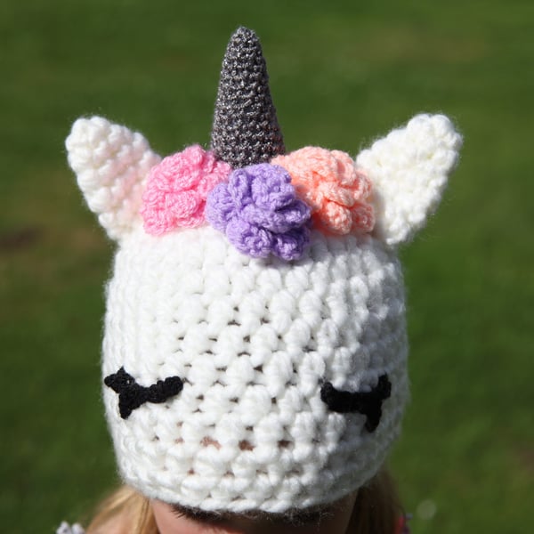 Unicorn novelty winter crochet hat, toddler, child, adult size