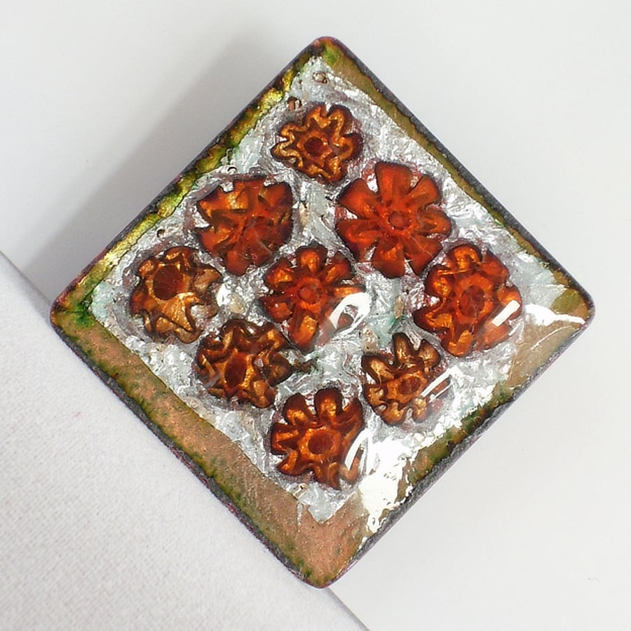 brooch - square, red millefiore on silver