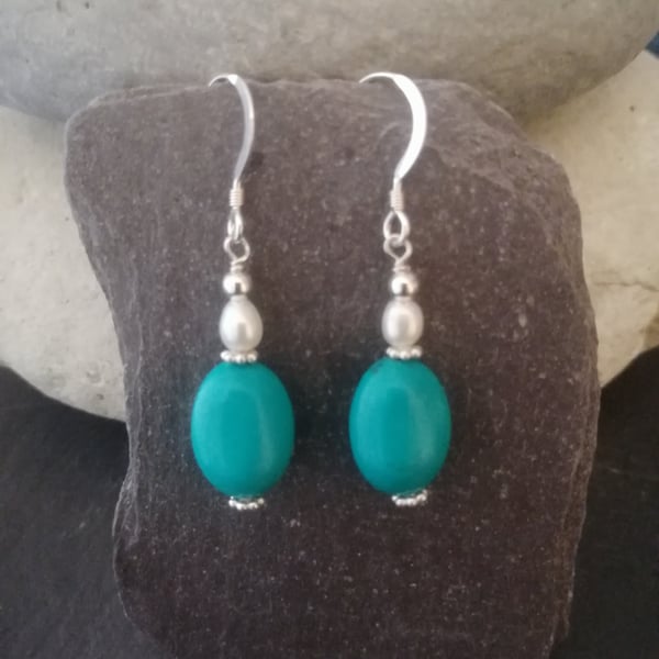 Turquoise, Pearl and Sterling Earrings