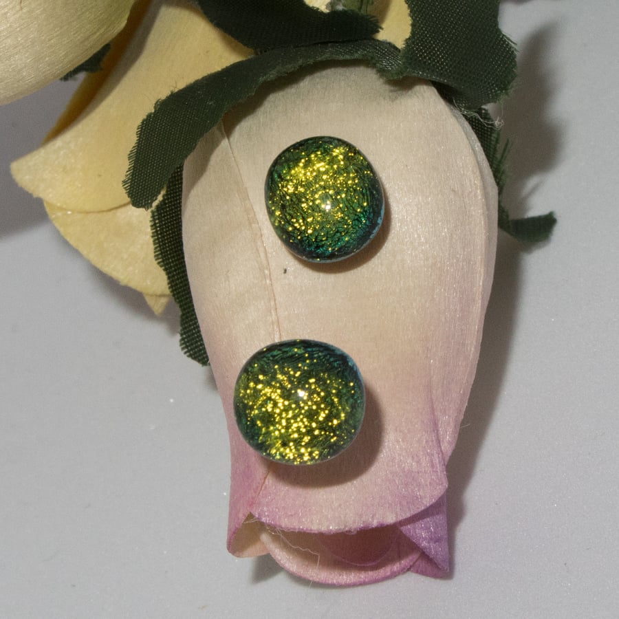 Sparkly Green Dichroic Glass Dot Earrings on Sterling Silver Studs - 2079