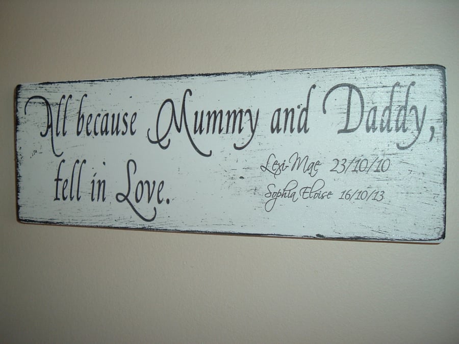 All because mummy daddy fell in love personalised sign plaque