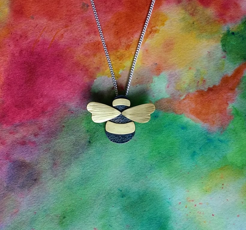 Bumble Bee Pendant, Ox Copper Body with Brass Stripes & Wings, Silver Chain