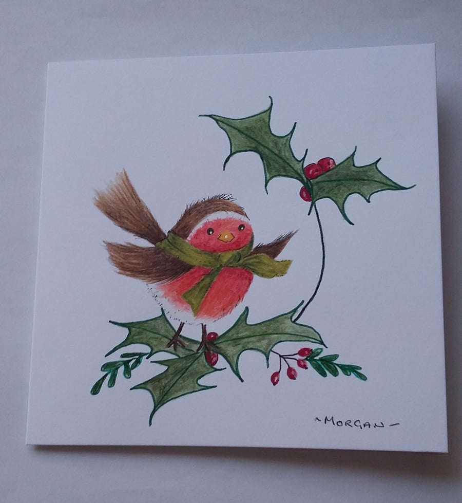 HAND PAINTED WATER COLOUR  CHRISTMAS CARD  OF  A ROBIN