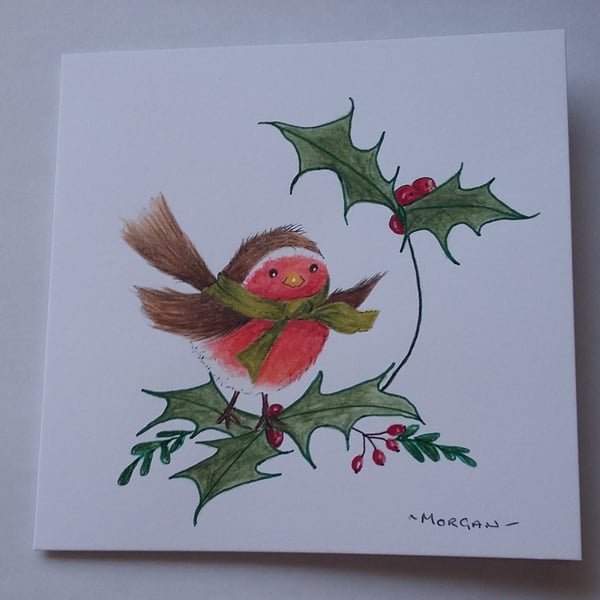 HAND PAINTED WATER COLOUR  CHRISTMAS CARD  OF  A ROBIN