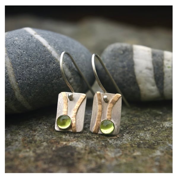 Silver and Gold Shoreline Dangle Earrings with Peridots 