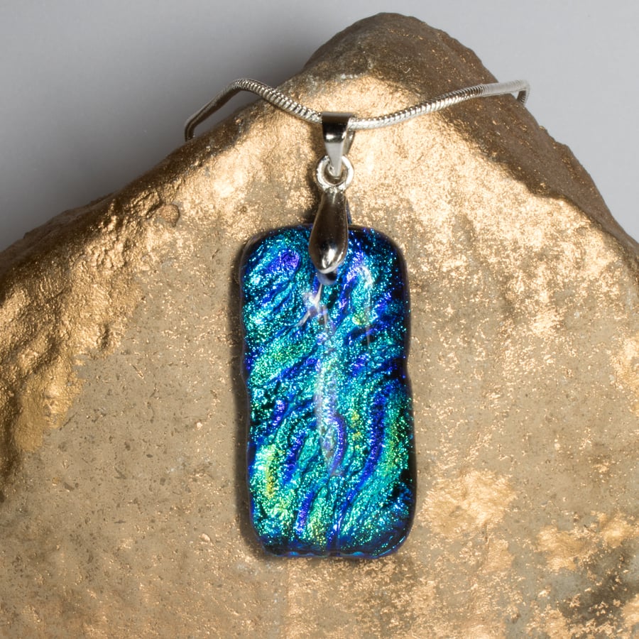 Blue and Green Rectangular Pendant - Fused Dichroic Glass - 1158